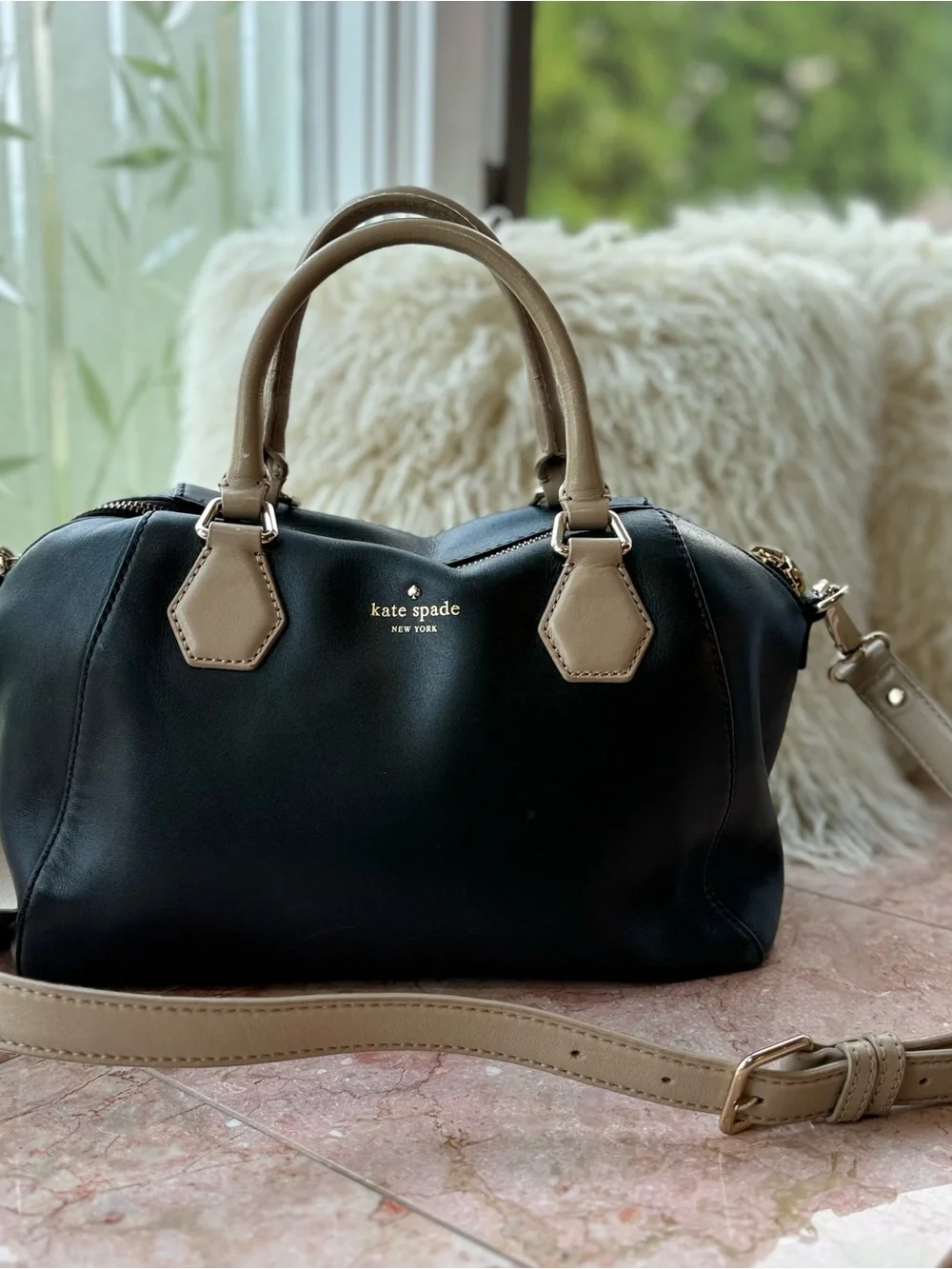 Kate Spade Catherine Street Pippa Black and Taupe Leather Satchel Bag